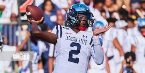 Shadeur Sanders prepares to throw a pass for Jackson State.