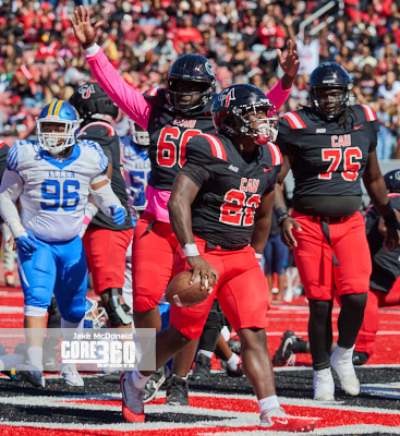 CAU sophomore running back Trayvon Pinder celebrates in the end zone after scoring the Panthers' first touchdown of the game from 2 yards out. 