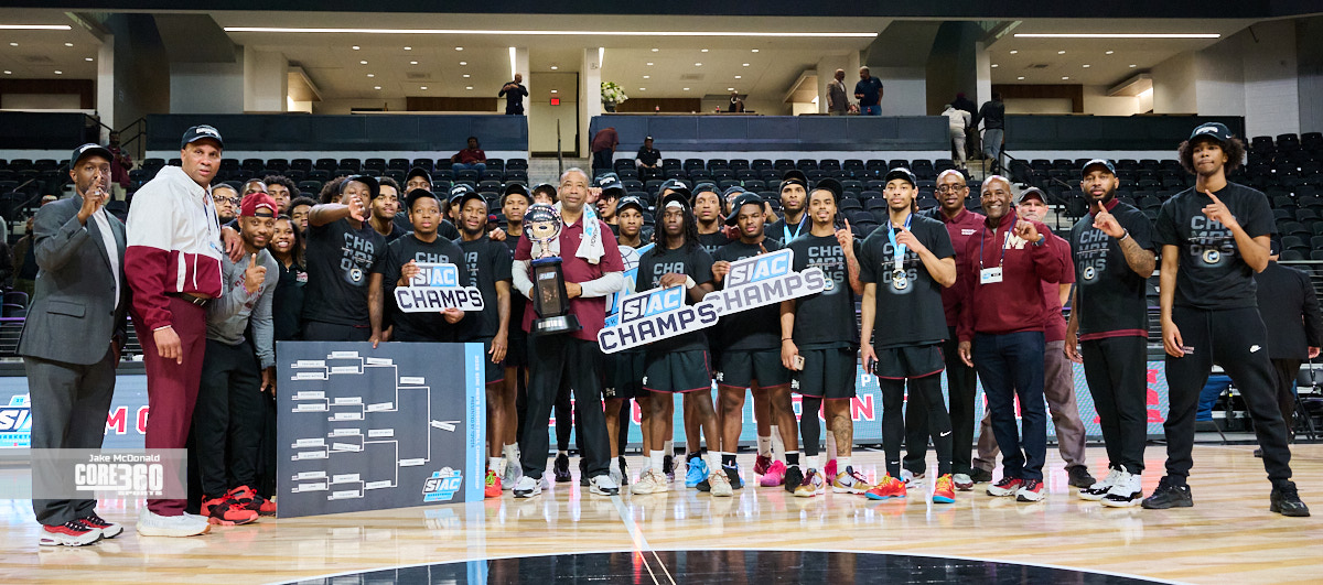 Morehouse Maroon Tigers team photo with SIAC Championship trophy